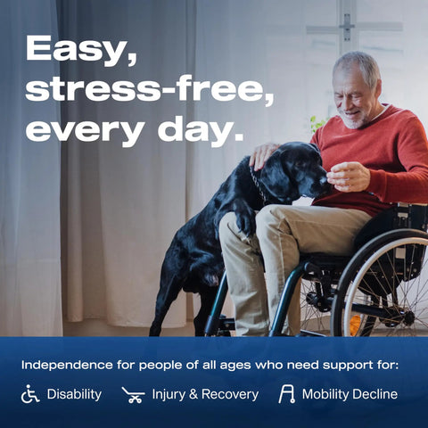 Solid Adjustable Toilet Safety Frame With Cushioned Padded Arms For Safe Stand Up Aid And Zero Sweat Installation Plus Heavy Duty 300 Lb Support That Gives You Peace Of Mind Day And Night, used by elderly man in wheelchair with dog.