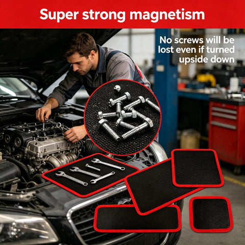 Three Piece Flexible Magnetic Tool Mat Set For Mechanics And DIYers In Car Repair Heavy Duty Magnetic Trays That Hold Screws Nuts Bolts And Small Metal Parts Non Slip Workbench Mats In Small Medium And Large Sizes. Magnetic PVC mats with bolts and wrenches in car engine bay