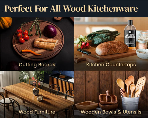 Perfect for all wood kitchenware, featuring Food Grade Mineral Oil For Wood Cutting Boards And Butcher Blocks 16oz.