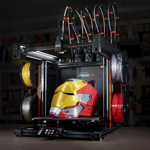 Fire Five Toolhead CoreXY 3D Printer Engineered For Large Format Multi Material Prototyping And Full Color Designs That Actually Slay With Industrial Precision And Zero Hassle Vibes with yellow and red Iron Man helmet.