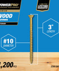Illustration of a bronze exterior wood screw with dimensions and features for outdoor projects, 3 in. length, 1200-piece set.