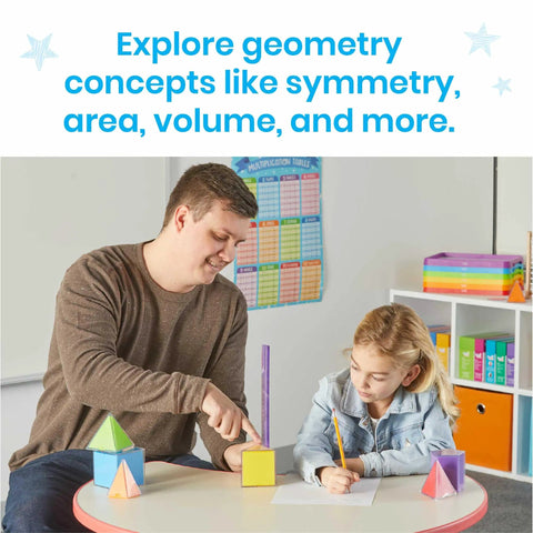 Teacher using Foldable 3D Geometry Shapes Set for Classrooms with student, demonstrating spatial reasoning tools and teaching shapes.