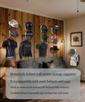 Heavy Duty Universal Helmet Wall Mount 2 Pack White Bike Gear Rack with various helmets displayed on a wooden wall.