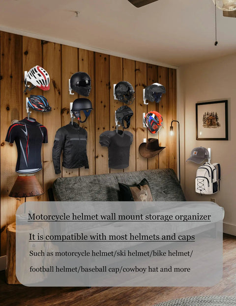 Heavy Duty Universal Helmet Wall Mount 2 Pack White Bike Gear Rack with various helmets displayed on a wooden wall.