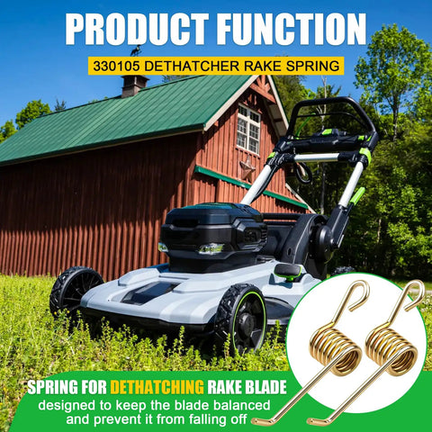 Lawn mower with focus on 330105 dethatcher rake spring with close-up inset of three replacement springs for power rakes.