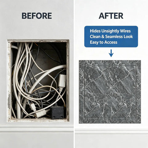 Aluminum Alloy Press To Open Drywall Access Panel Invisible Hidden Wall Cover For Swift Maintenance And Concealed Junction Boxes With Zero Tools Required No Sweat Operation Clean Style - Before and after comparison showing access panel installed.