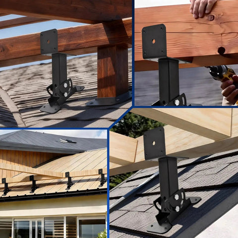 Badass Dual Adjustable Roof Riser Brackets Heavy Duty Roof Support Mount With Zero To 180 Degree Swivel For Any Roof Pitch and Wooden Beams, showcased on a rooftop.