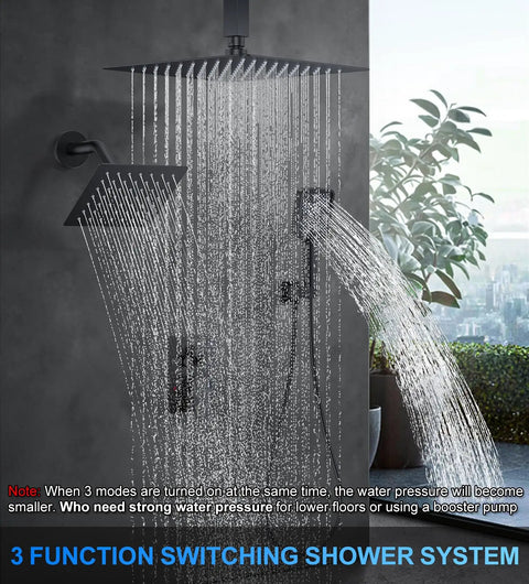 Top Shelf Ceiling Mount Rainfall Shower System With 12 Inch Matte Black Finish, rain and side spray heads in use.