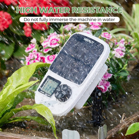 Solar Powered Drip Irrigation System With Automatic Timer For Pots And Indoor Plants, Emitter Stake Kit With USB Recharge Port exemplifying high water resistance amid rain.
