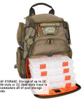 Recon Lighted Compact Tackle Backpack With Four PT3500 Trays, Beige, showing open tray storage pockets and easy access design