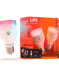 Two Pack A19 Smart LED Bulbs Color Changing RGB and Warm White 1100 Lumens Dimmable Tunable Lighting for Your Smart Home Matter Ready Works with Apple HomeKit Alexa and Google Assistant next to packaging