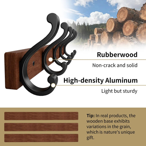 Solid Wood Wall Mounted Coat Rack With Five Heavy Duty Metal Hooks Holds Up To 25 Lbs Each For Hats Coats Towels Backpacks And Keys In The Closet Entryway Bedroom Or Bathroom 2 Pack displayed with details on rubberwood and aluminum material.
