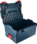 Open blue L-BOXX-3 tool case showing interior, designed for super reliable stackable tool storage case that interlocks in seconds.