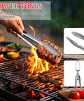 Person using tongs from All In One Grill Tools Set With 4 In 1 Spatula, Tongs, Fork, Silicone Brush, Six Reusable Skewers