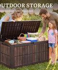 Family using 134 Gallon Waterproof Resin Outdoor Deck Box With Lock Doubles As Bench Seating For Patio Cushions Garden Tools And Pool Accessories No Fuss Heavy Duty Weather Ready Dark Brown Wood Grain Finish for storage