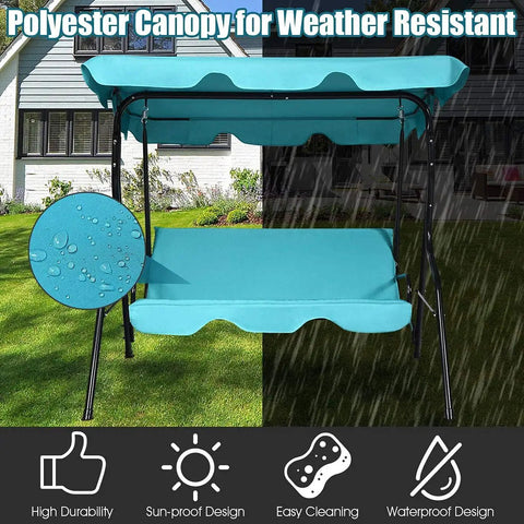 Three Seater Canopy Swing Chair With Cozy Cushioned Seat And Adjustable Removable Canopy For Outdoor Patio Garden Waterproof Steel Frame And Durable Polyester Fabric Turquoise