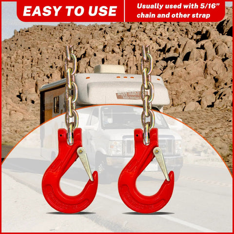 2 Pack G80 Clevis Slip Hooks 5 16 Inch Heavy Duty Chain Hooks Forged Tow Trailer Safety Hooks 4400 Lbs on RV background