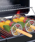 Outdoor Grill Baskets Set 2 Pack Stainless Steel Grillin Baskets With Long Wooden Handles For Easy Turning And Even Heat Barbecue Gear For Men Gift Idea, filled with colorful vegetables grilling over flames.