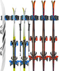 Ditch The Clutter With This Heavy Duty Ski And Snowboard Wall Rack For Garage Space Saving Storage Holds six skis secured with rubber pads.