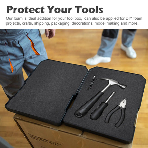Two Pcs Black Polyurethane Foam Sheets Cuttable Toolbox Inserts and Storage Organizers with tools for secure storage.