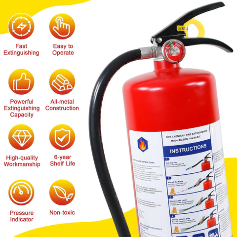 Heavy Hitter 10 Lb ABC Dry Chemical Fire Extinguisher With Wall Mount showing all-metal construction and instructions for use.