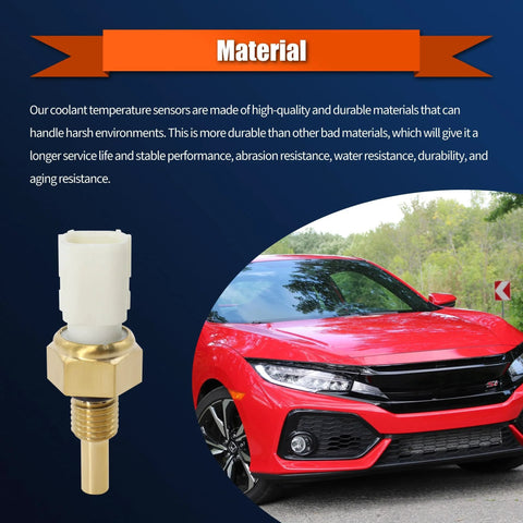 Engine coolant temperature sensor front view with brass threaded body and white connector; red Honda car in background.