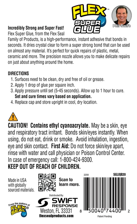 FLEX Super Glue instructions label featuring safety warnings and application directions for Crystal Clear Super Glue Instant Bond Adhesive Hella Tough 20 Gram Bottle With Precision Tip Applicator For Wood Metal Plastic And Home Fixes Fast Drying Formula That Delivers Killer Hold On Almost Anything.