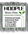 Heavy Duty 6 Inch 11 Gauge Galvanized Landscape Staples 100 Pack For Securing Weed Barrier Fabric Irrigation Hoses Netting And Outdoor Decor Garden Stakes And Sod Pins For Lawn And Patio Projects, shown with product features highlighted on package