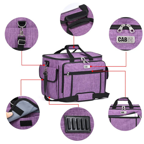 Smooth Rolling Sewing Machine Case With Wheels And Solid Frame Easily Haul Your Craft Gear Across Town As A Comfy Purple Trolley Tote With Removable Wood Base Board Fits Standard Machines Great For Road Trips Or Shop Hops details showcasing zippers, pocket designs and padded interior.
