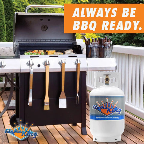 Grill setup with 30 Pound Steel Propane Tank Cylinder With Type 1 Overfill Protection Valve OPD for BBQ on wooden deck.