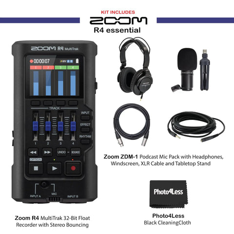 Ready To Roll 32 Bit Float MultiTrak Recorder And Stereo Bouncing Bundle Featuring Podcast Dynamic Microphone and accessories arranged for use.