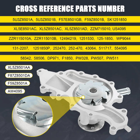 Cross reference parts numbers for Premium Water Pump With Gasket Kit Direct Fit Replacement For Ford Ranger 1995-2008 Aerostar 95-97 And Mazda B3000 3.0L V6 Engine.