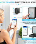 Smart Key Lock Box With Removable Shackle And Bluetooth Pin Access Features app showing unlock options near keypad outdoor.