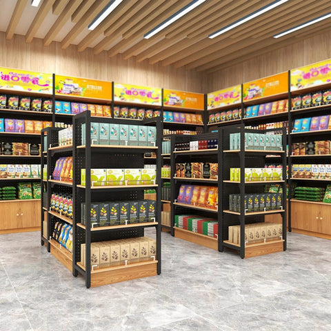 Built Tough Heavy Duty Double Sided Gondola Shelving Unit Commercial Retail Display Rack in a store with food products.