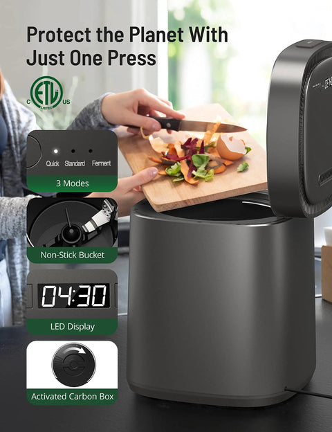 Electric Kitchen Compost Bin For Indoor Countertop With 3 Modes, Odor Free Carbon Filter System, Eco Friendly Smart Waste Recycler