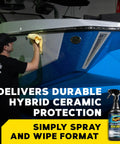 Person applying Hybrid Ceramic All Surface Sealant For Marine And RV Use on boat, 32 oz bottle visible, Easy Spray Spread Wipe On UV Protection For Fiberglass And Gel Coat, Boosts Gloss Beading And Durability, Weatherproof Shine In A 32 Oz Bottle