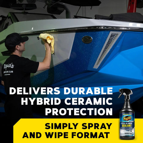 Person applying Hybrid Ceramic All Surface Sealant For Marine And RV Use on boat, 32 oz bottle visible, Easy Spray Spread Wipe On UV Protection For Fiberglass And Gel Coat, Boosts Gloss Beading And Durability, Weatherproof Shine In A 32 Oz Bottle
