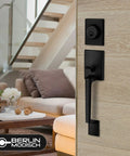 Single Cylinder Door Handle Set With Lever For Entrance And Front Doors Reversible For Left Or Right Handed Use Deadbolt Security Iron Black Finish Sleek Matte Black Exterior Hardware on wooden door.