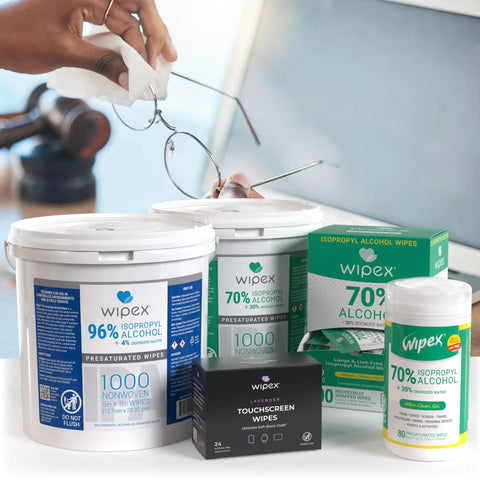 Seventy Percent Isopropyl Alcohol Wipes Bulk Pack Of 2, 2000 Count Total, cleaning wipes displayed with office electronics cleaning supplies.
