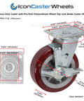 Heavy Duty Industrial Casters 6 Inch By 2 Inch With Top Plate 4 By 4.5 Maroon Two Rigid And Two Swivel Casters With Top Lock Brakes Non Marking Pro Tech Polyurethane Wheels Load Capacity 3600 Lbs Per Set Of Four, side view showing dimensions.