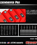 Screwdriver Pro Modular Organizer For 13 Tools With Magnetic Base Red Made In USA label details and size guide.