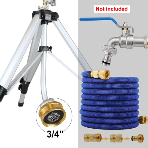 Tripod Lawn Sprinklers Pack Of 2 Heavy Duty 360 Degree Coverage For Yard And Garden Adjustable Height Tripod With Sprinkler Head Nozzle And Three Quarter NH Inlet Hose Connection Easy Setup And Wide Irrigation Reach showing tripod leg close-up and hose connection.