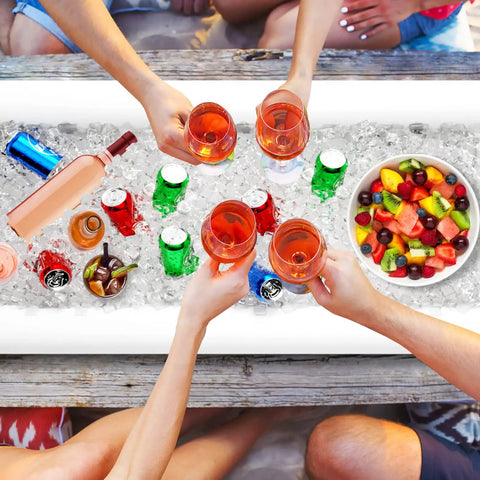 Inflatable Party Bar Cooler And Serving Station For Pool Parties And Picnics Big Foldable Buffet Ice Tray With drinks and fruit