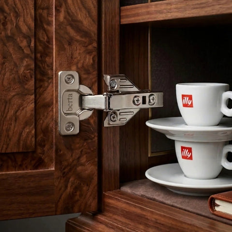 40 Pack Full Overlay Cabinet Door Hinges With Soft Close Damper installed on wooden kitchen cabinet door near cups