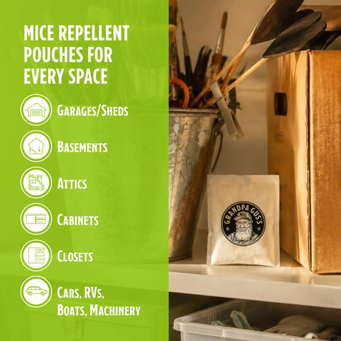 Kicks Mice To The Curb With This Heavy Duty Peppermint And Cinnamon Mouse Repellent Pouches Pack Of 10 on shelf with storage tools.