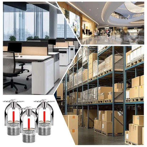 Three Pack Pendant Style Fire Sprinkler Heads Quick Response Sixty Eight Degree Water Spray Down for residential use with office and warehouse background.