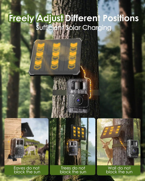 Top Shelf Solar Trail Camera For Wildlife Watching And Hunting shoots crisp 4K video with 64MP resolution, solar panel adjusts to sunlight.