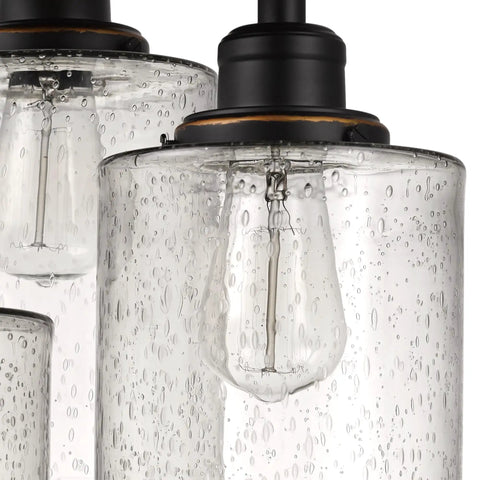 Close-up of Three Light Bronze Semi Flush Mount Ceiling Light With Seeded Glass Shades For Kitchen Bath Bedroom And Closet Led Bulbs Compatible Rustic Oil Rubbed Bronze Vibe, showing detailed glass texture.