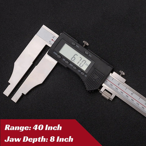 Built Tough Heavy Duty 40 Inch Digital Caliper With Extended Long Jaw For Deep Reach And Spot On Id Or Od Measurements In Metric And Imperial Units Featuring A Snappy Lcd Display showing measurement of 6.70 mm.