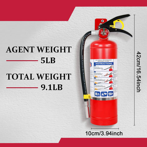 5 Lb ABC Dry Chemical Fire Extinguisher With Quick Release Handle Rated 2A 10B C shown with weight details and instructions.